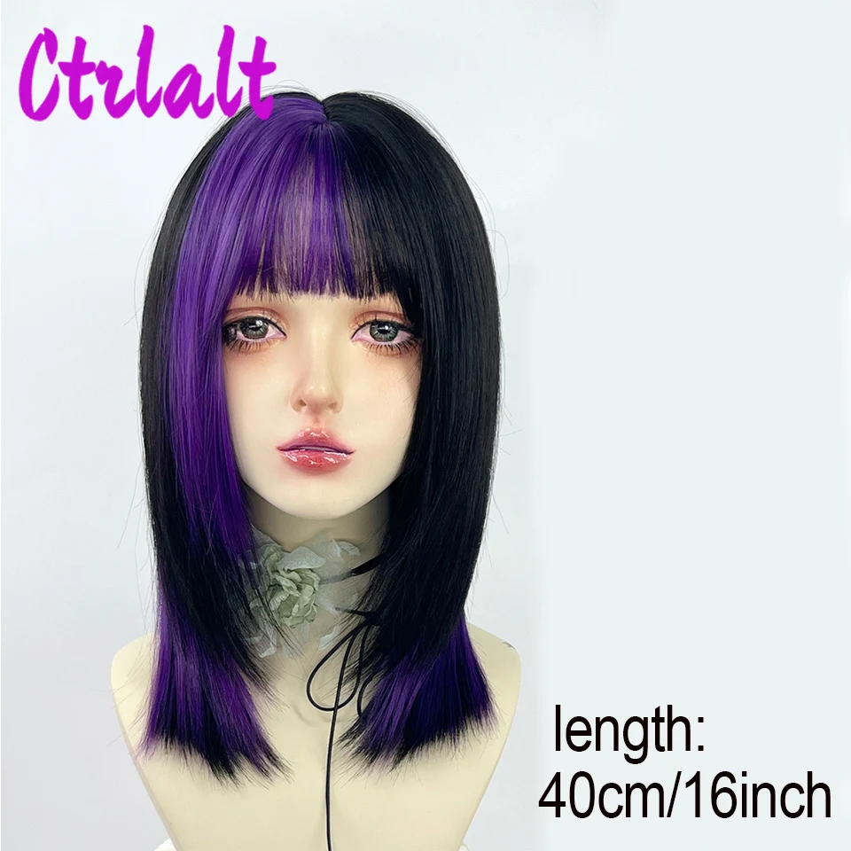 Synthetic Women Lolita Straight Ombre Black Highlighting Gradient Purple Color Short Wigs With Bangs Cosplay Hair Wig