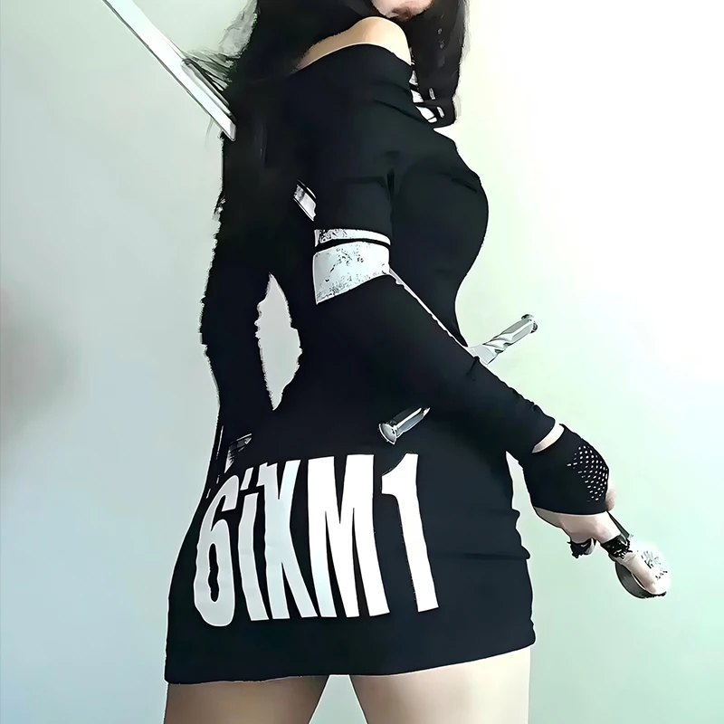 فستان تيك توك الساخن على الطراز الأوروبي والأمريكي لعيد الفصح بطباعة متقاطعة وأكمام طويلة ورقبة واحدة على الطراز القوطي Y2K مصاص دماء مثير Harajuku