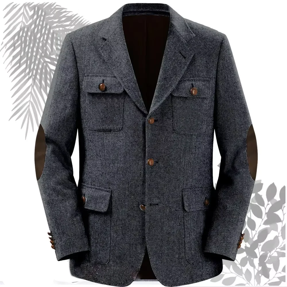 Autumn Winter Multi-Pocket Hunting Jacket Herringbone Tweed Men's Sporty Formal Blazers Suit Vintage Elegance Menswear 2025 NEW