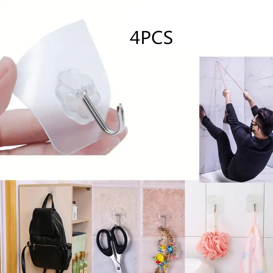4PCS Wall Hooks Strong Transparent Suction Cup Sucker Hanger Kitchen Bathroom Multi Use Adhesive Hook Door Traceless Organizer