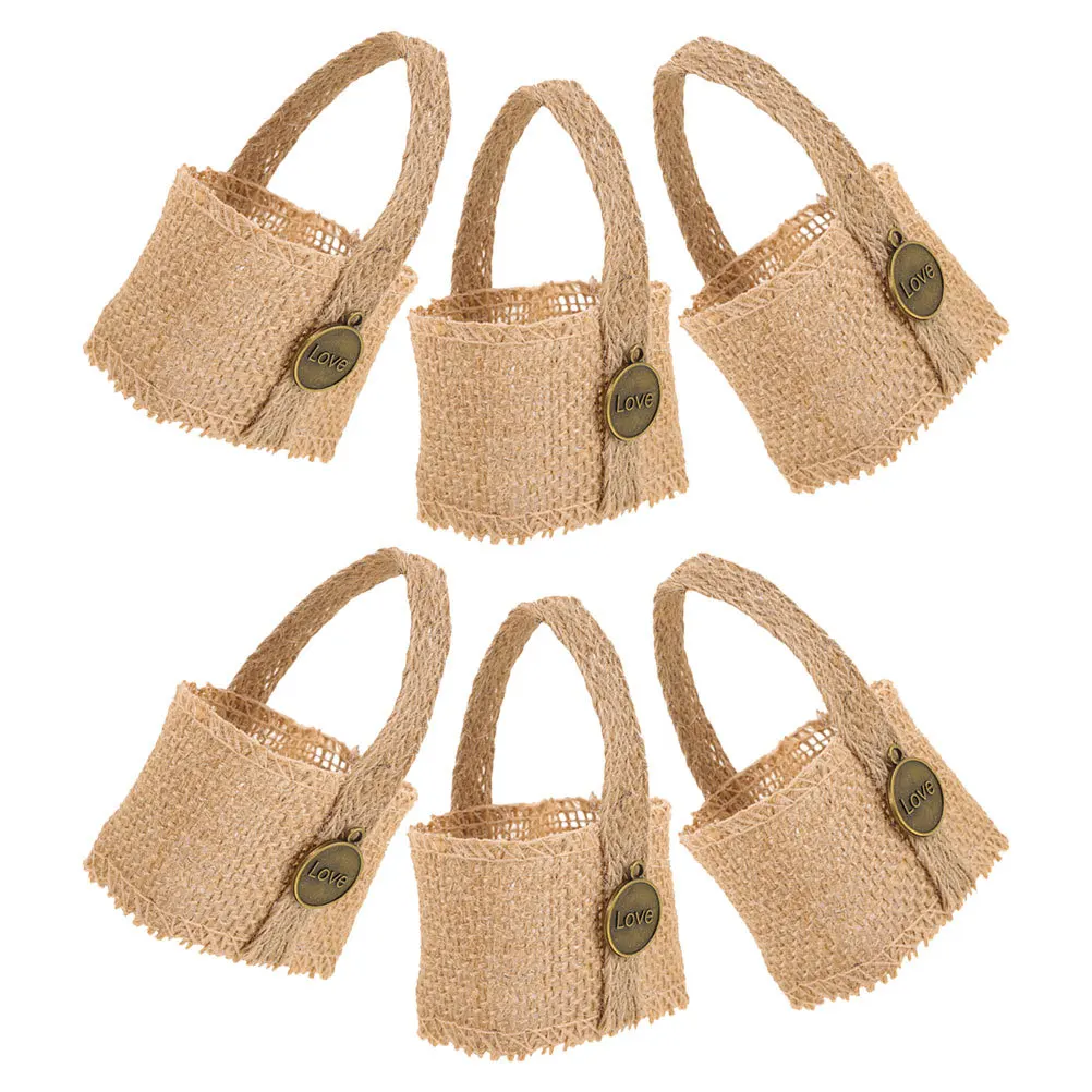 

6Pcs Mini Burlap Wedding Flower Girl Basket Candy Linen Bags Rustic Party Favor Decorative Pouch Handheld Bags for Wedding Party