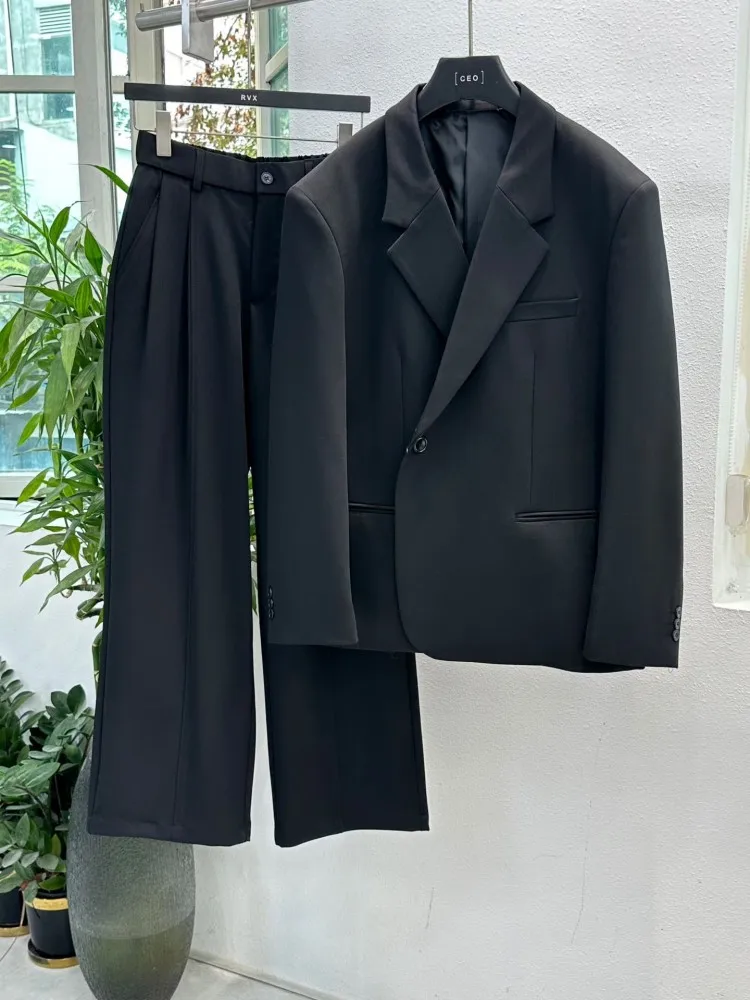 Autumn New Mens Business Work Suit Set Single Breasted Blazer Long Pants Two Piece Matching Set Loose Fit Vintage Outfits Suits