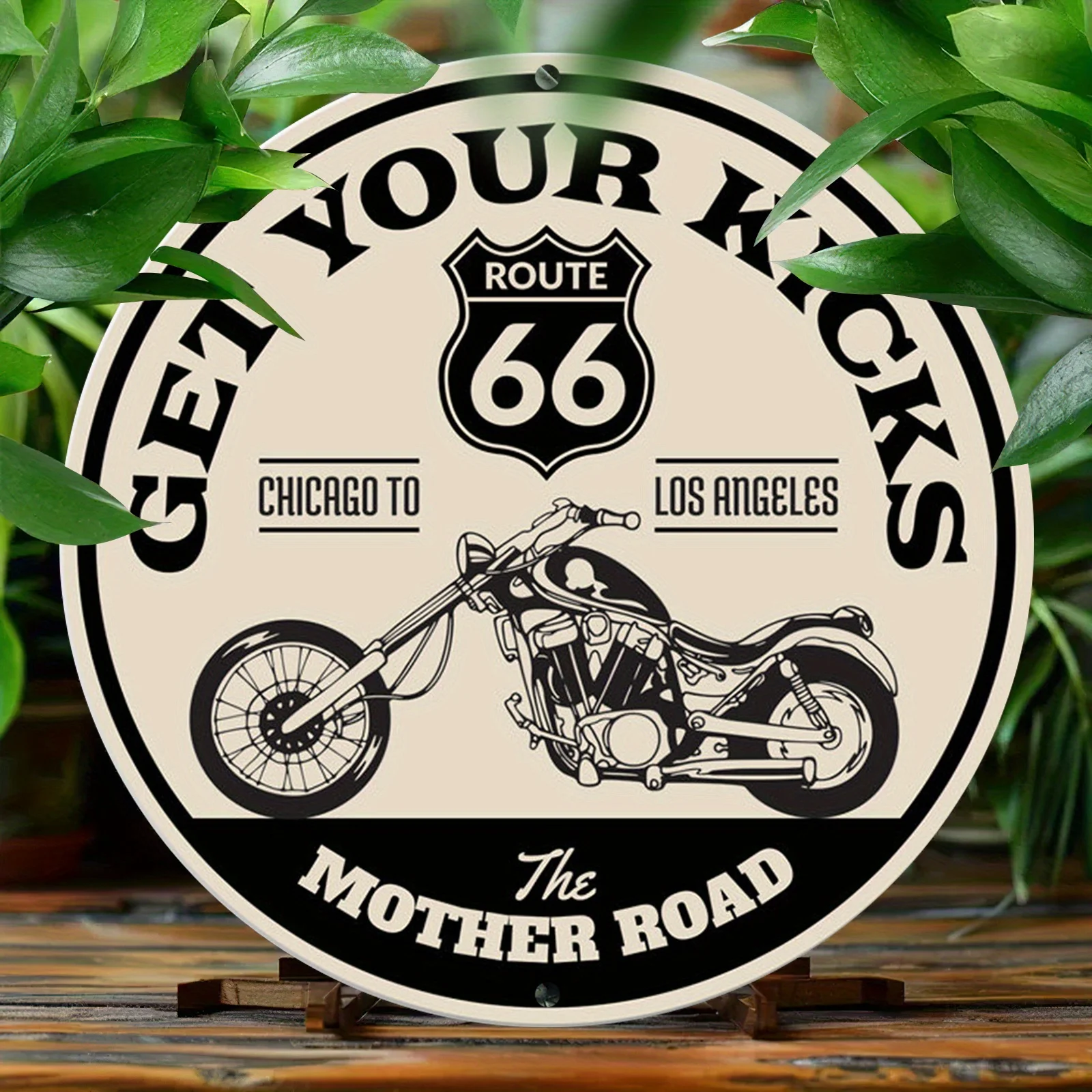 Ein Motorrad-Schild für die Highway 66 - 1 Stück, ein Wandkunstwerk aus Holz, geeignet für Häuser und Gärten, eine antike runde Plakette.
