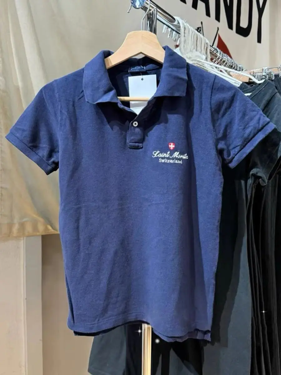 

Letter Embroidery Slim T-shirt Woman Summer Turn Down Collar Short Sleeve Cotton Tee Shirts Vintage Navy Sweet Tshirt Y2k Tops