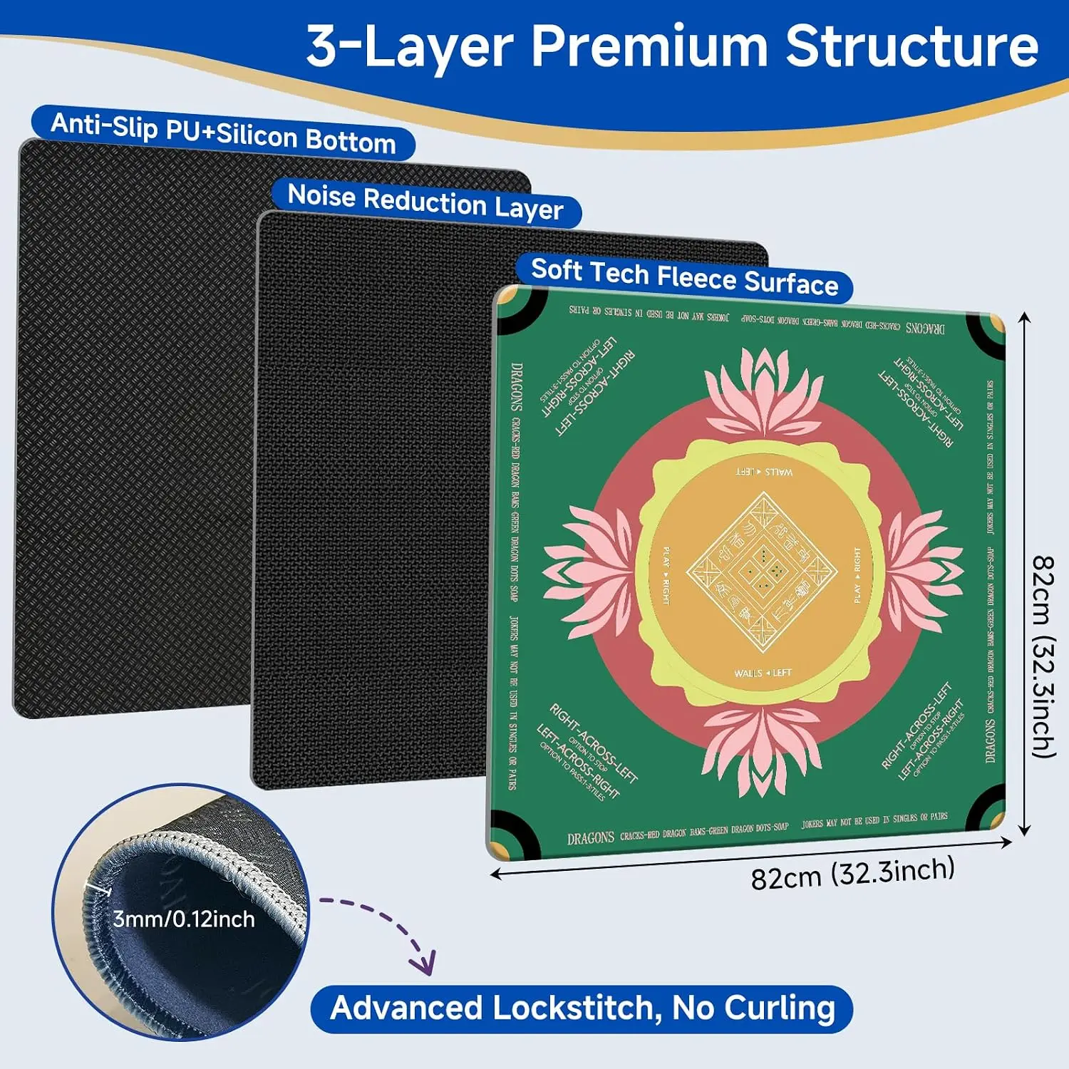 31.5 Inch Green Mahjong Mat Lightweight Structure Non-Slip Noise Reduction Table Mat Built With Carrying Bag for American Poker