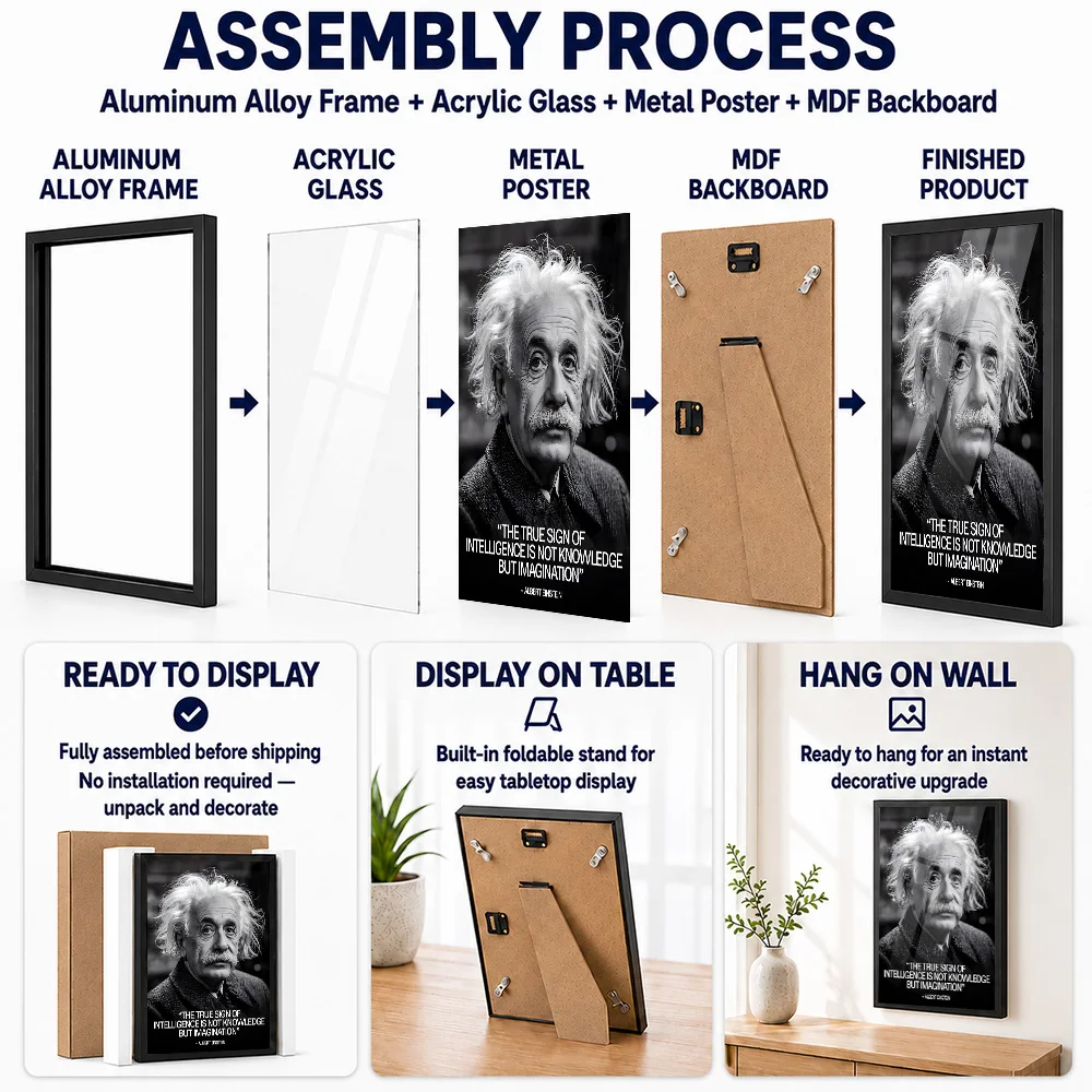 Albert Einstein Quote Metal Poster With Aluminum Alloy Frame Personalized Photo Focused Mindset Style Wall Art For Living Room