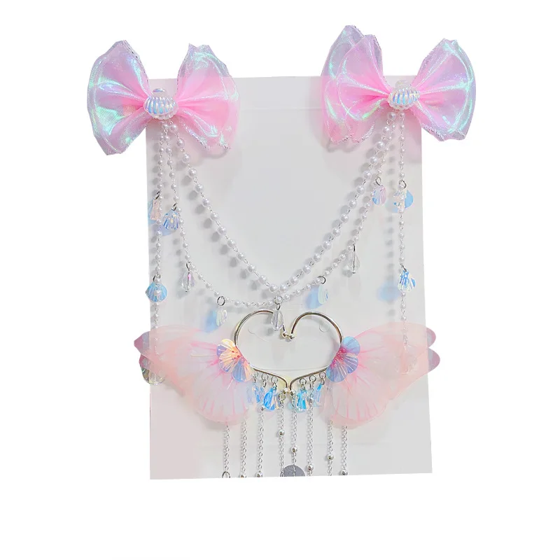 Sweet Tassel Hairclip Ear Hooks Set for Girls Kids Mermaid Elf Ear Cuffs Fairy Princess Non-Pierced Earrings Colorful Headwear