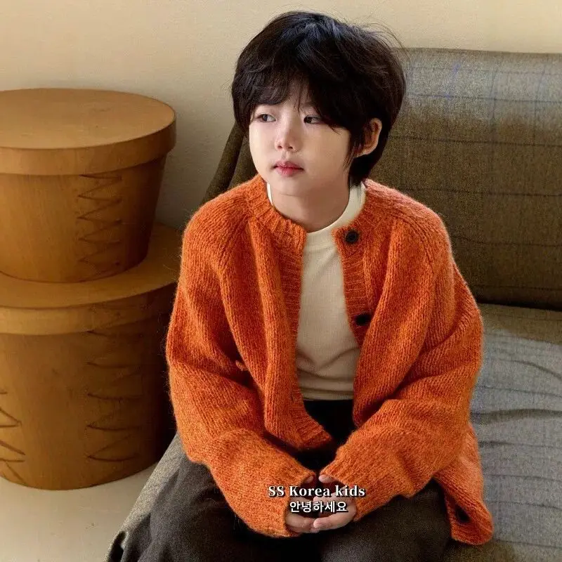 

Boys Girls Autumn Sweater 2025 New Korean Fashionable Kids Spring Fall Winter Solid Color Single Breasted Knitted Cardigan