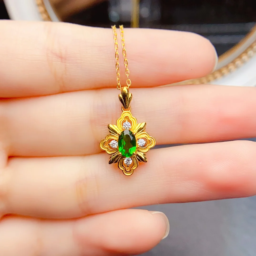 FS S925 Sterling Silver Natural Diopside/Garnet/Tanzanite Flower Pendant Necklace for Women Fine Charm Weddings Jewelry MeiBaPJ
