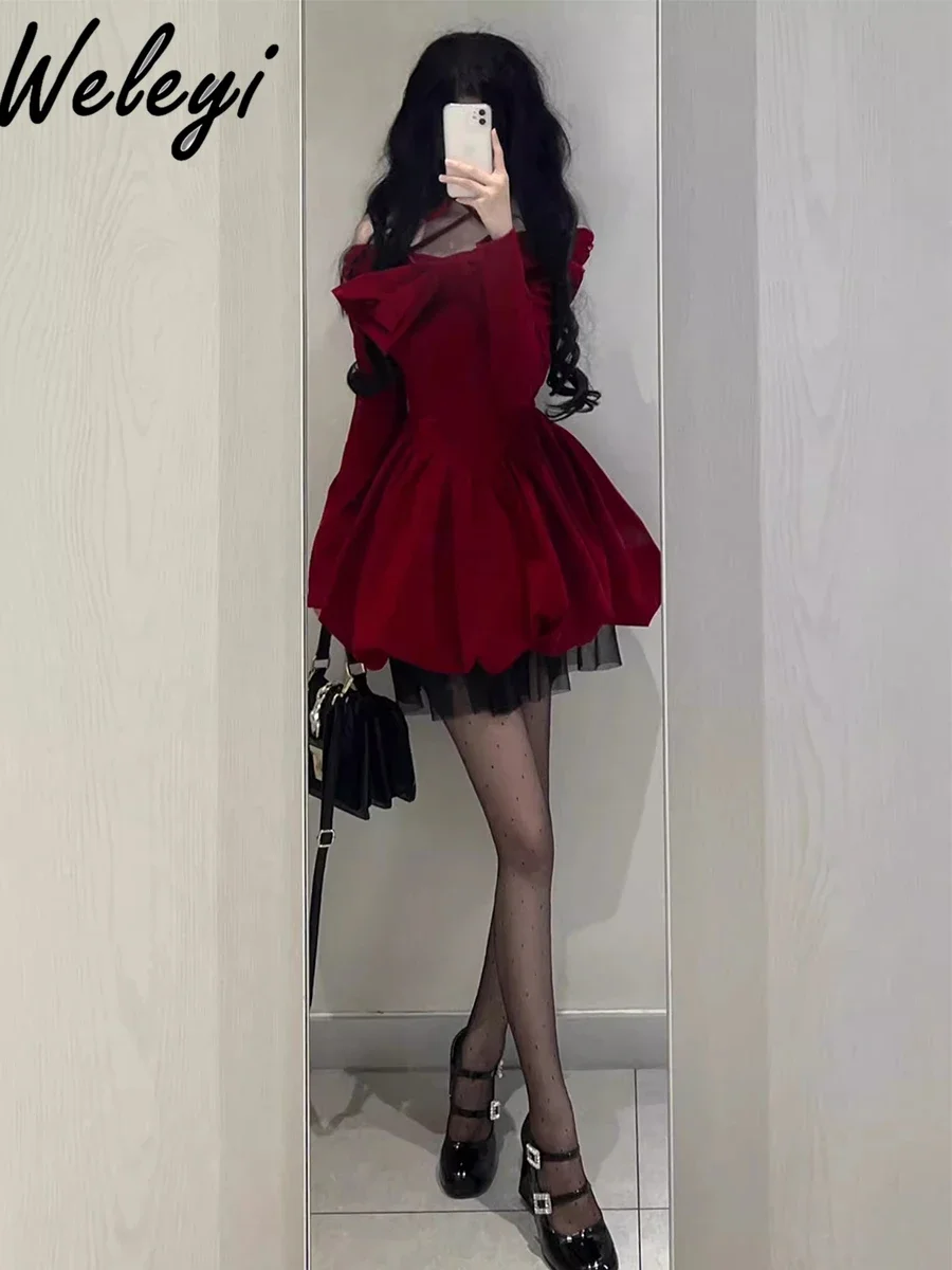 Autumn and Winter Sweet Wine Red Neck Velvet Short Dress Female 2024 New Year Robe Ladies Princess Long Sleeve Dresses for Women