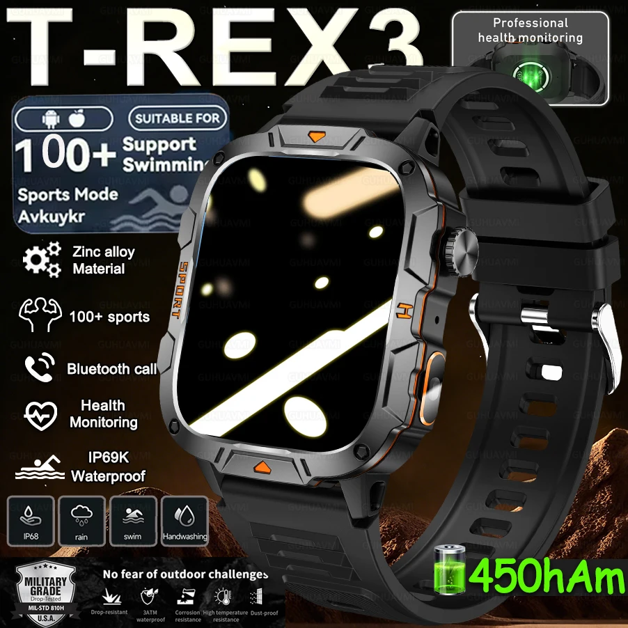 

2025 NEW Military 100+sports SmartWatch Men Health Monitor IP68 Waterproof Outdoor Sport Tracker BT Voice Call Smartwatch 450mAh