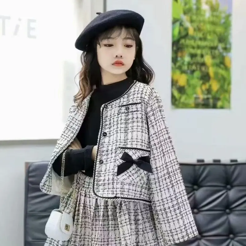 Girls Fashion Set Autumn New Girl Thousand Small Bow Coat + Skirt Two-piece Set