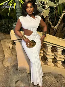 فساتين سهرة طويلة أنيقة بشريط مطوي من Joskaa للسيدات بياقة منحرفة مثيرة بدون أكمام فساتين ضيقة للحفلات والنوادي