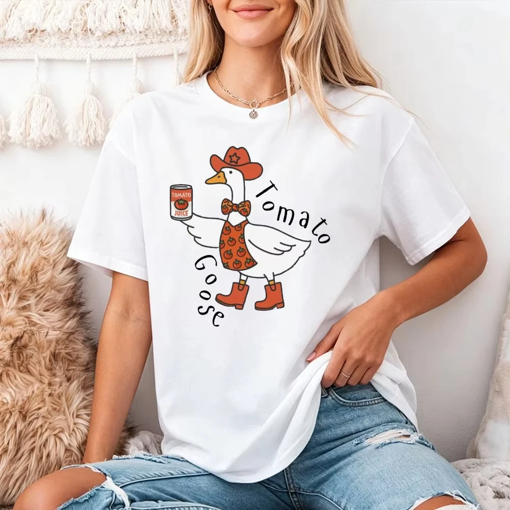 Western Cowboy Goose T-Shirt Tomato Juice Funny Cartoon Duck Print Casual Summer Tee for Men Women Tops