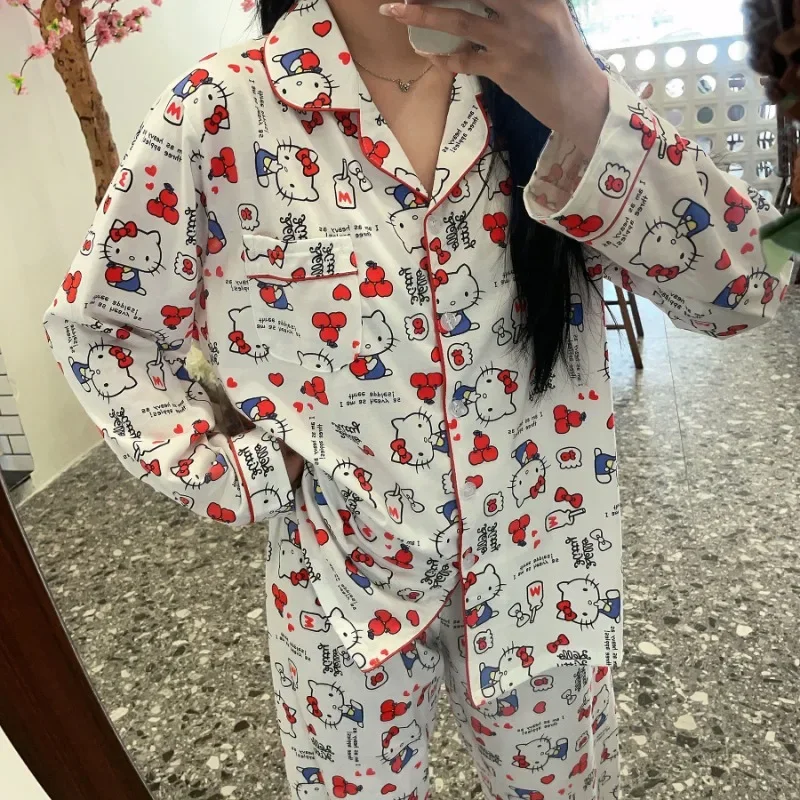 Kawaii Sanrio Hello Kitty Pajamas Women's Spring and Autumn Long-sleeved Trousers Pure Cotton Cartoon Girl Home Wear Set