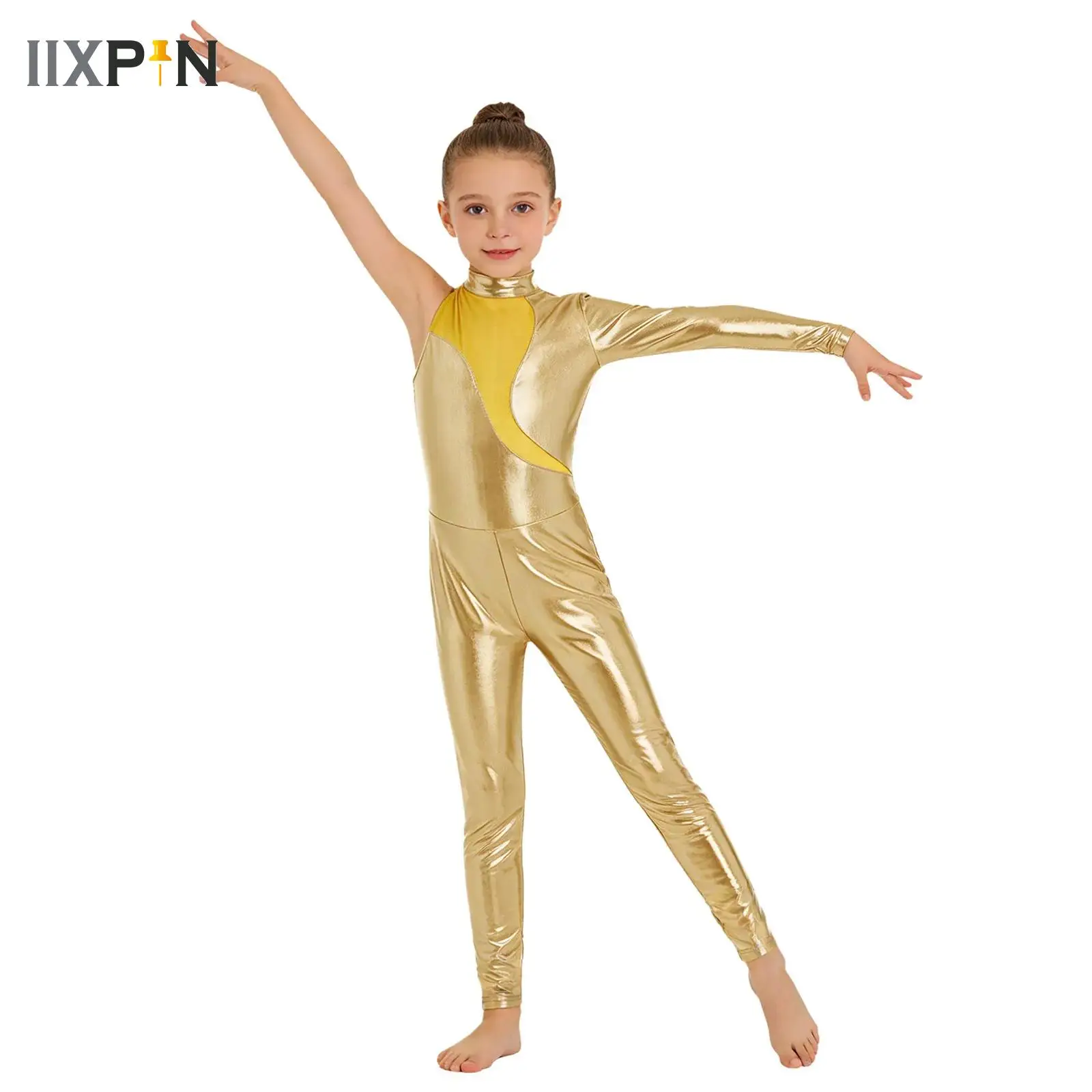 

Детские асимметричные комбинезоны металлик с длинными рукавами для балета, танцев, гимнастики, трико для девочек, блестящая танцевальная одежда для выступлений на сцене