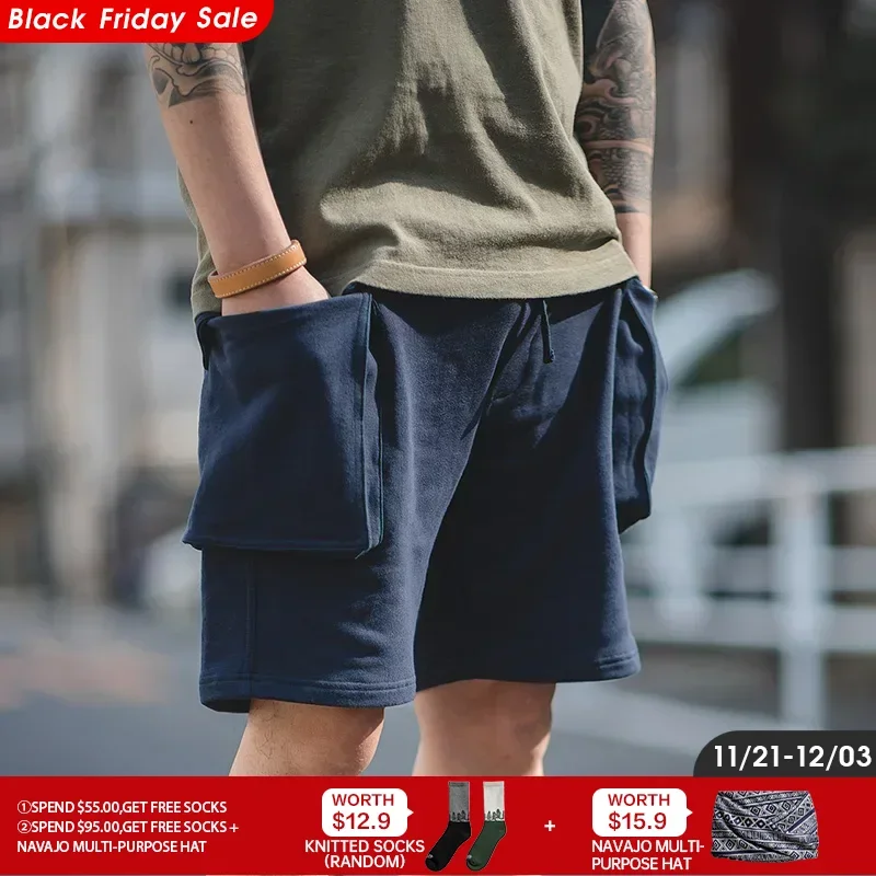 Maden Navy Blue P44 Cargo Joggers Shorts Men Loose Cotton Large Pocket Work Tactical Short Pants Amekaji Casual Knitted Shorts