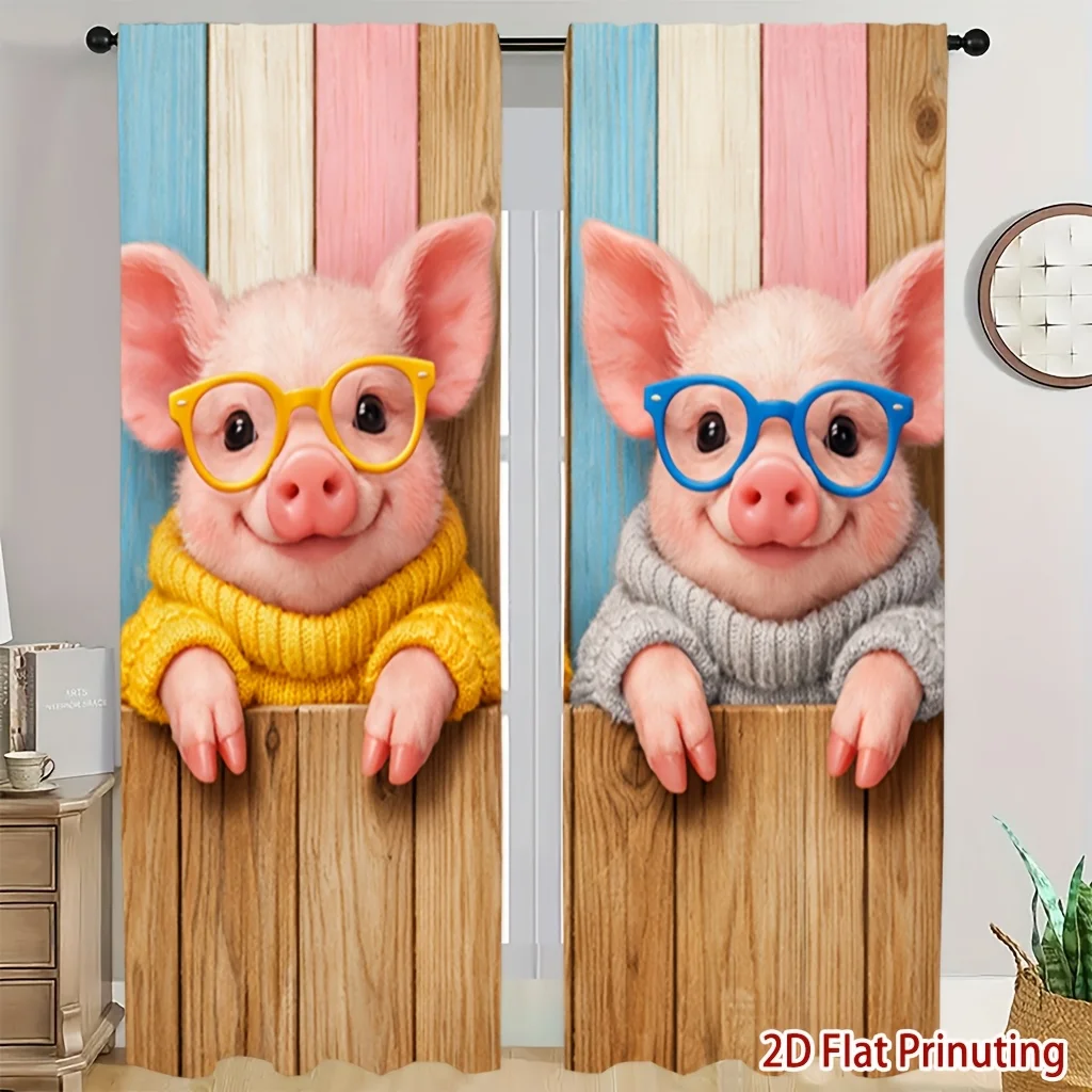 2pcs Panel Pig with Glasses Print Blackout Curtains Suitable for Room, Privacy Window Treatments,  (No Rod Included)