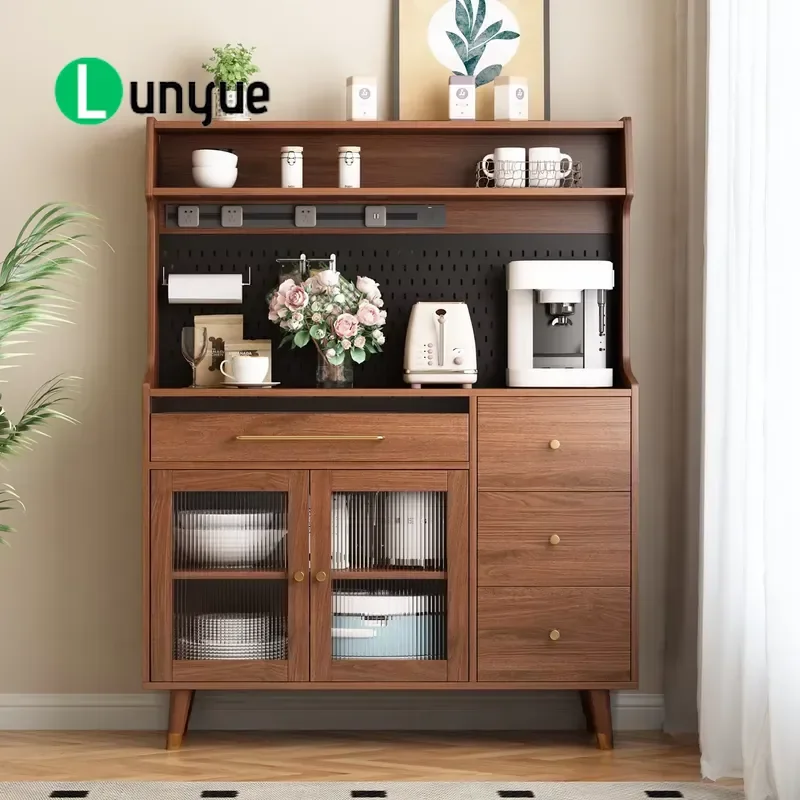 Walnut Veneer Multifunctional Side Cabinet with Grooved Glass Doors Drawers Adjustable Shelves for Kitchen Buffet Counter