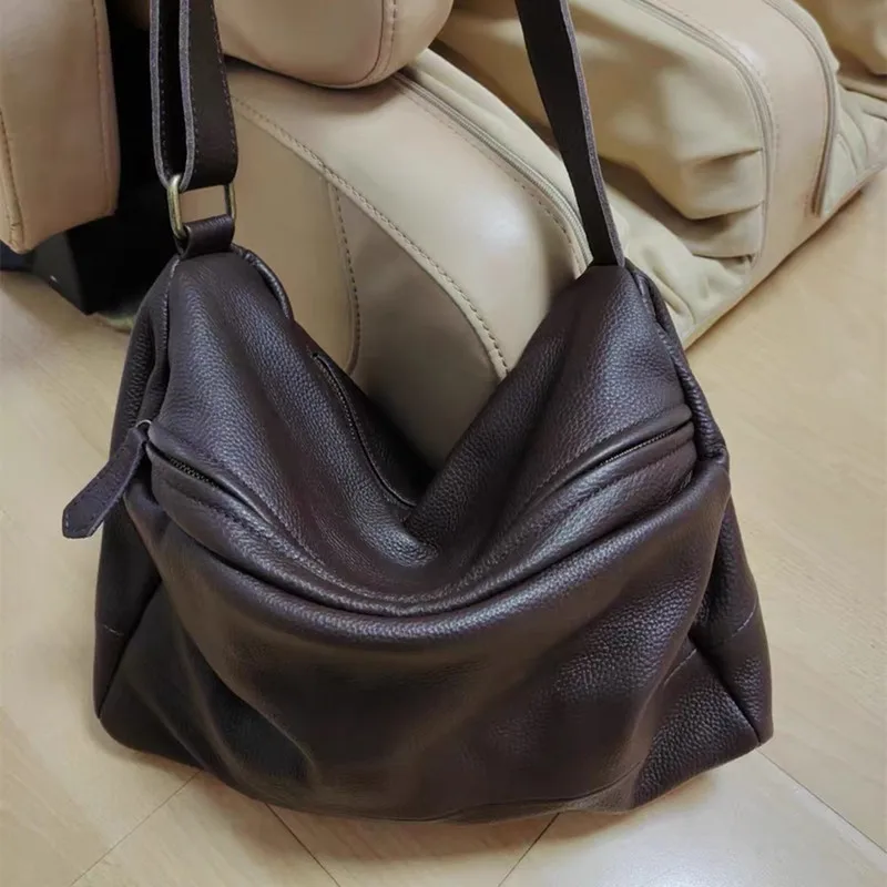 Women Soft Cowhide Crossbody Bags Large Capacity Genuine Leather Handbags Simple Slouchy Style Shoulder Purses Luxury Ladies Bag