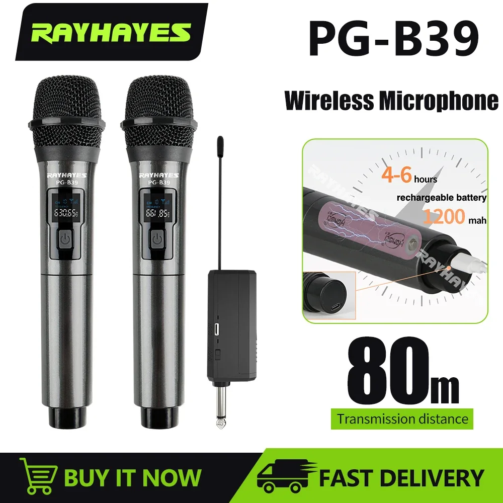 

RAYHAYES Cardioid Dynamic Microphone 2 Channels UHF Handheld Mikrofon Wireless Mic PG-B39 Professional Studios Party Karaoke