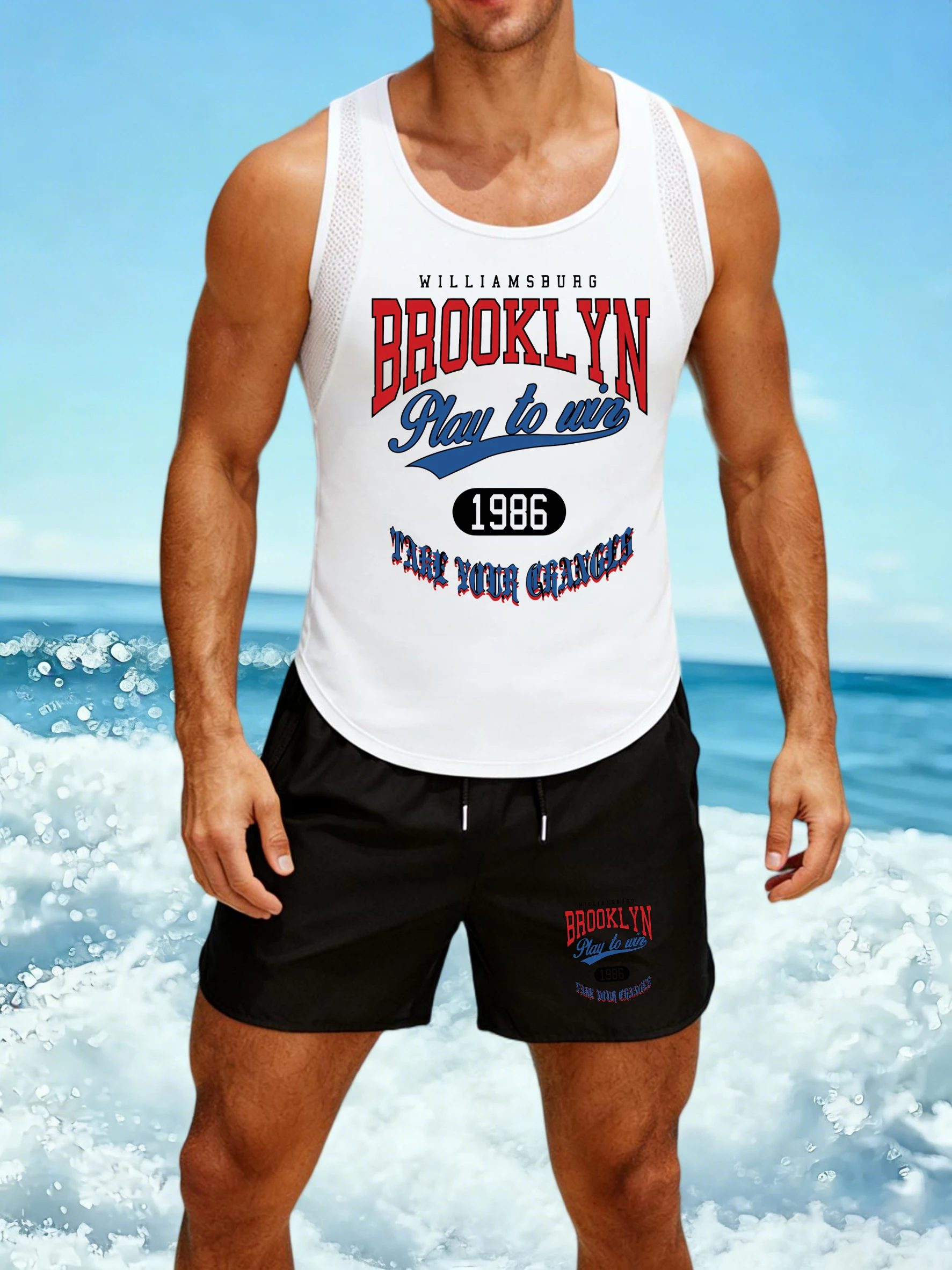 

Brooklyn Play To Win New York Design Men Reticular Vest Suit O-Neck Sleeveless Tee Soft Drawstring Shorts Summer Unisex Sportset