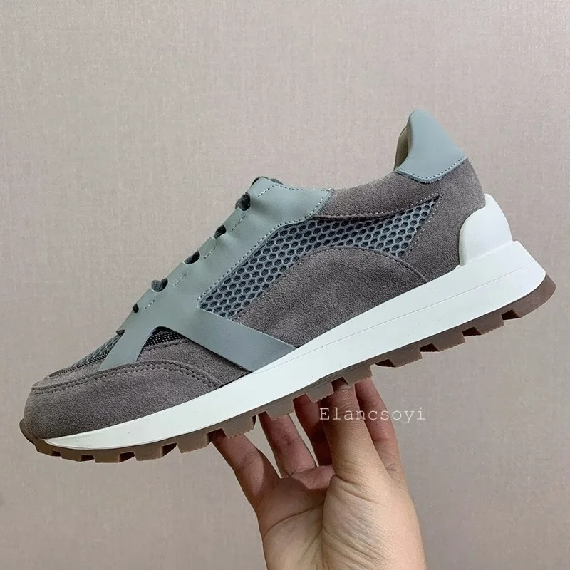 Sneakers Women Lace Up String Bead Decor Thick Bottom Flat Shoes Spring Autumn Cow Suede Splicing Mesh Surface Casual Shoes