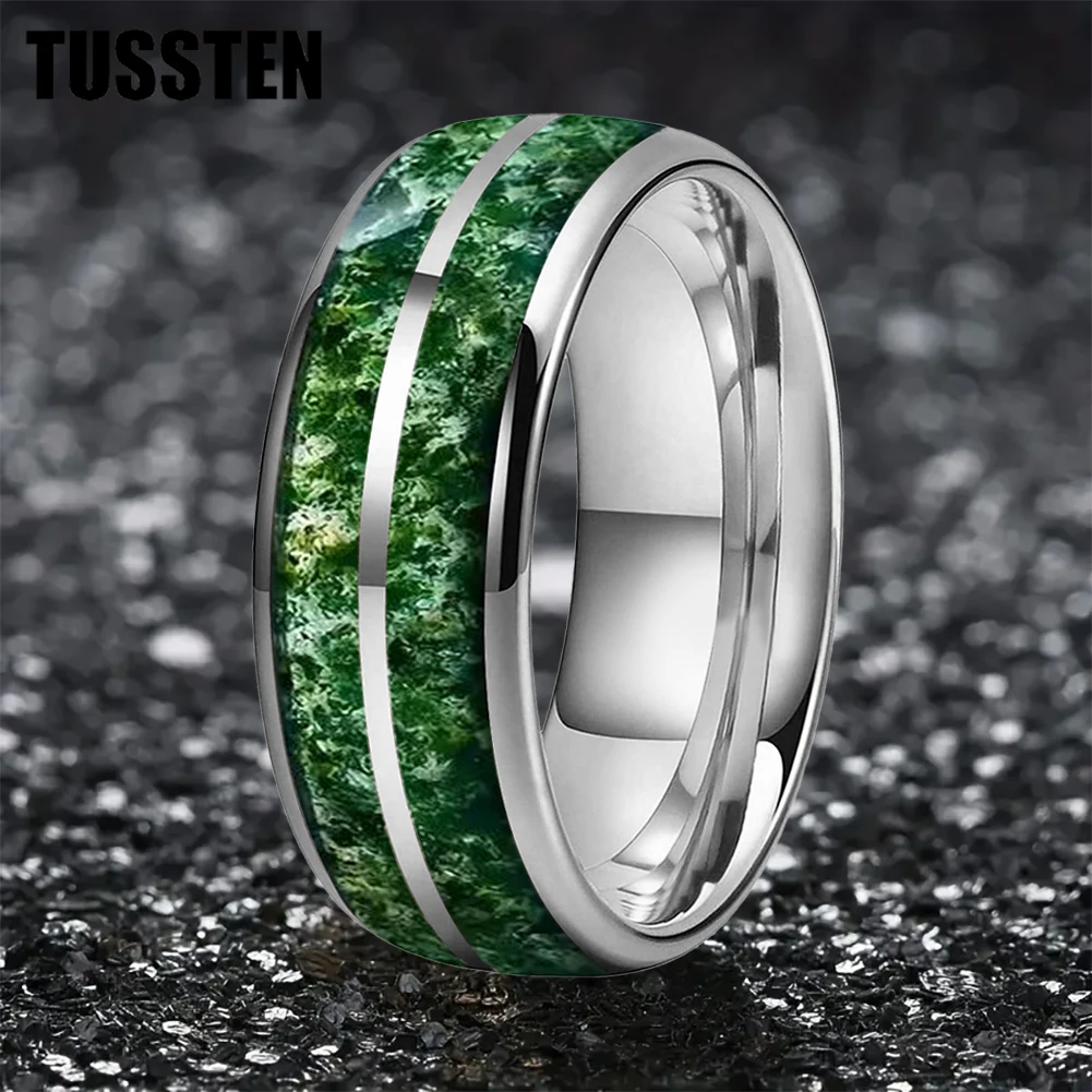 TUSSTEN 6/8MM Dome Double Groove Green Moss Agate Inlay Plated Tungsten Ring for Men Women Fashion Engagement Wedding Band