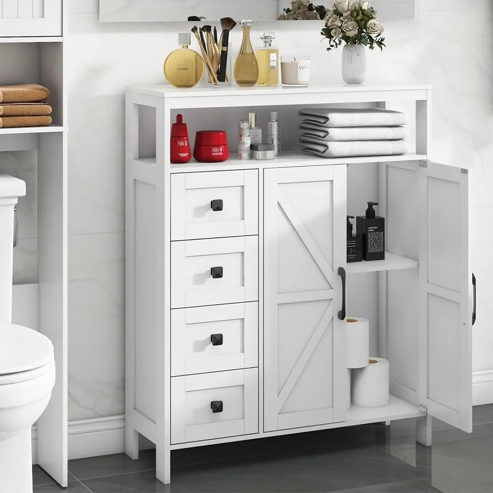 Storage Cabinet with Two Doors and Four Drawers, Freestanding Bathroom Storage Cabinet Kitchen Pantry Cabinet