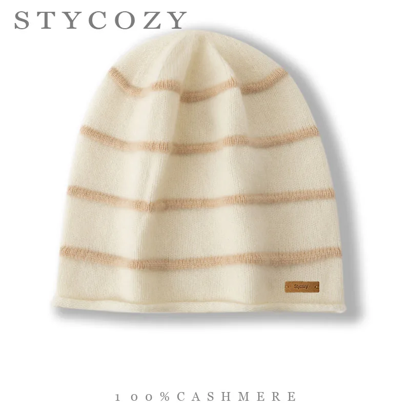 100%Cashmere Women Rolled Edge Striped Knit Beanie Soft Lightweight Minimalist Warm Winter Hat Casual Skull Cap for Cold Weather