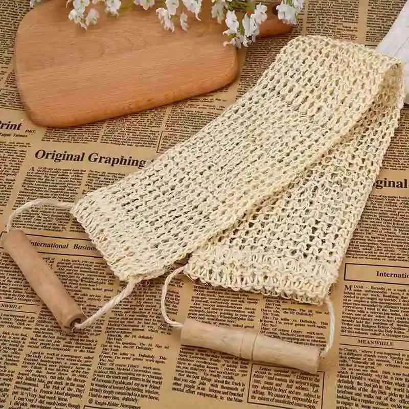 Rub Exfoliating Dead Skin Shower Towel Durable Skin Care Bath Towel Scrubber Sisal Back Strap Wooden Handle