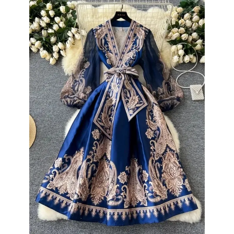 Socialite dinner party print bandage in wrap dress women's cross V-neck lantern sleeve chiffon patchwork women's dress