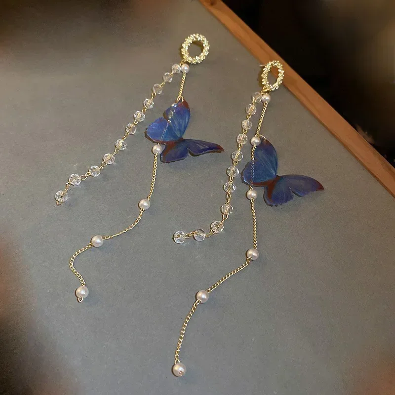 

Trendy Long Tassel Blue Butterfly Earrings for Women Fashion Niche Crystal Pearl Light Luxury Stud Earrings Temperament Jewelry