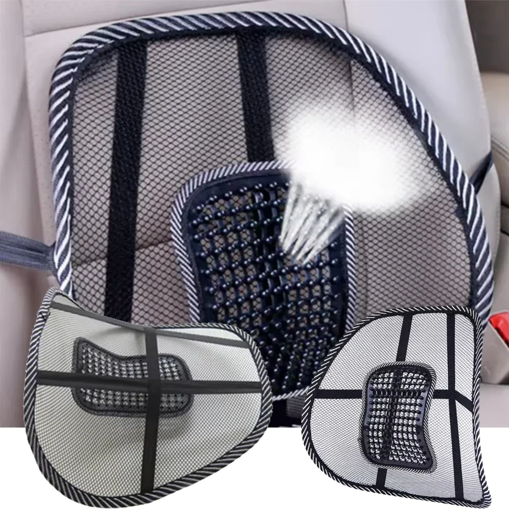 Car Seat Back Cushion Pad Mesh Lumbar Support with Bead Massage for Driving Working Relaxation Elastic Adjustable Fit Office