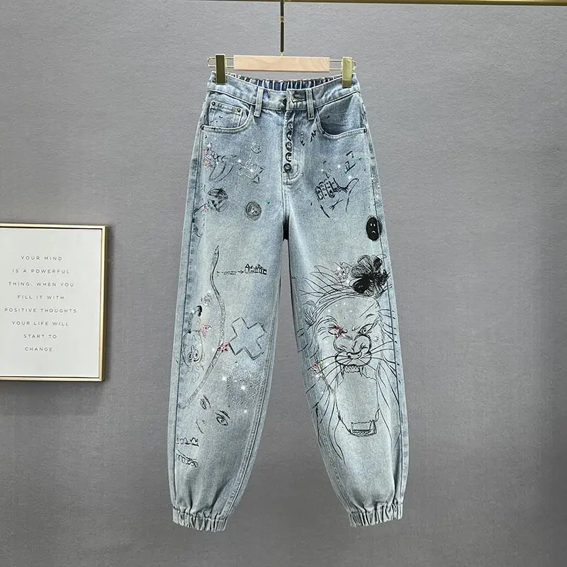 Fashion Printed Rhinestones Harem Jeans Women's 2024 Spring and Autumn High Waist Jeans Loose Light Blue Elastic Waist Pants