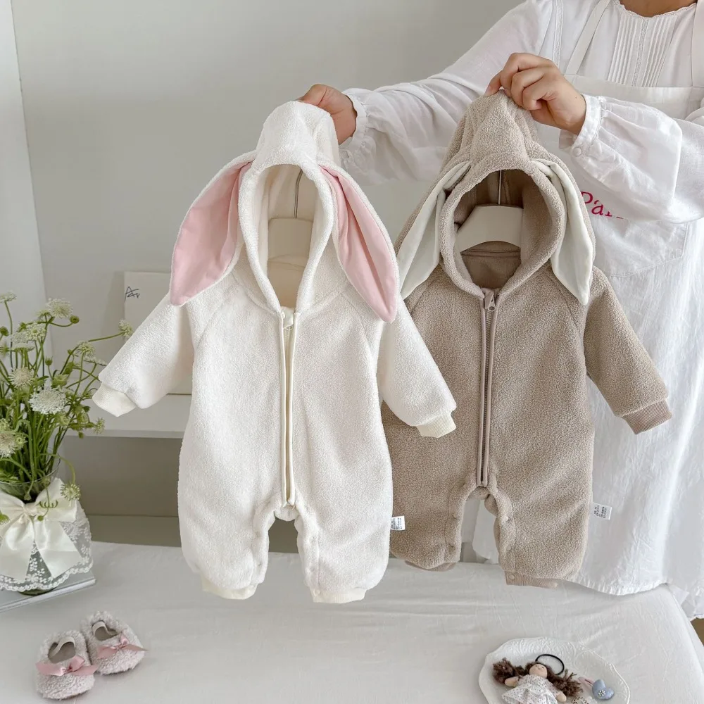 Cute Newborn Baby Romper 0-2Years Infant Boy Girl Long Sleeve Bunny Ear Hooded Jumpsuit Warm Fleece Autumn Winter Clothes