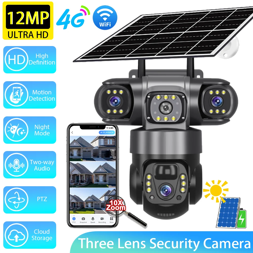 

12MP HD Three Lens Solar Powered Surveillance Camera Outdoor Wireless 4G/WiFi PTZ Motion Tracking CCTV Security Camera Home