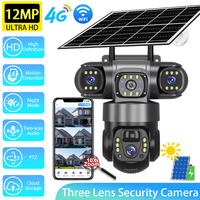 12MP HD Three Lens Solar Powered Surveillance Camera Outdoor Wireless 4G/WiFi  PTZ Motion Tracking CCTV Security Camera Home