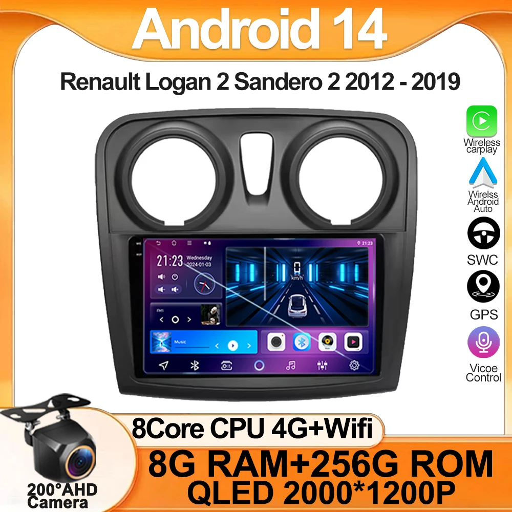 

Android 14 Wireless Android CarPlay For Renault Logan 2 Sandero 2 2012 - 2019 Car Radio Multimedia Player Bluetooth 5G BT WiFi