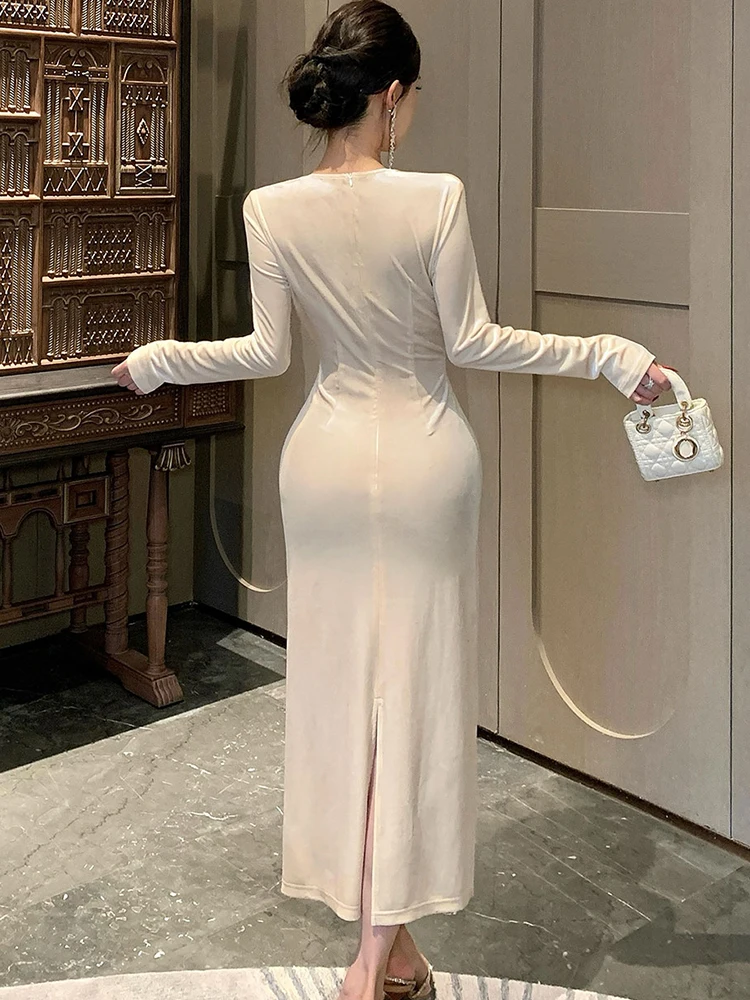 Frauen Soid Samt Pailletten Plissee Diamanten Luxus Langes Kleid Herbst Winter Elegante Bodycon Langes Kleid 2025, Koreanische Festival Kleid