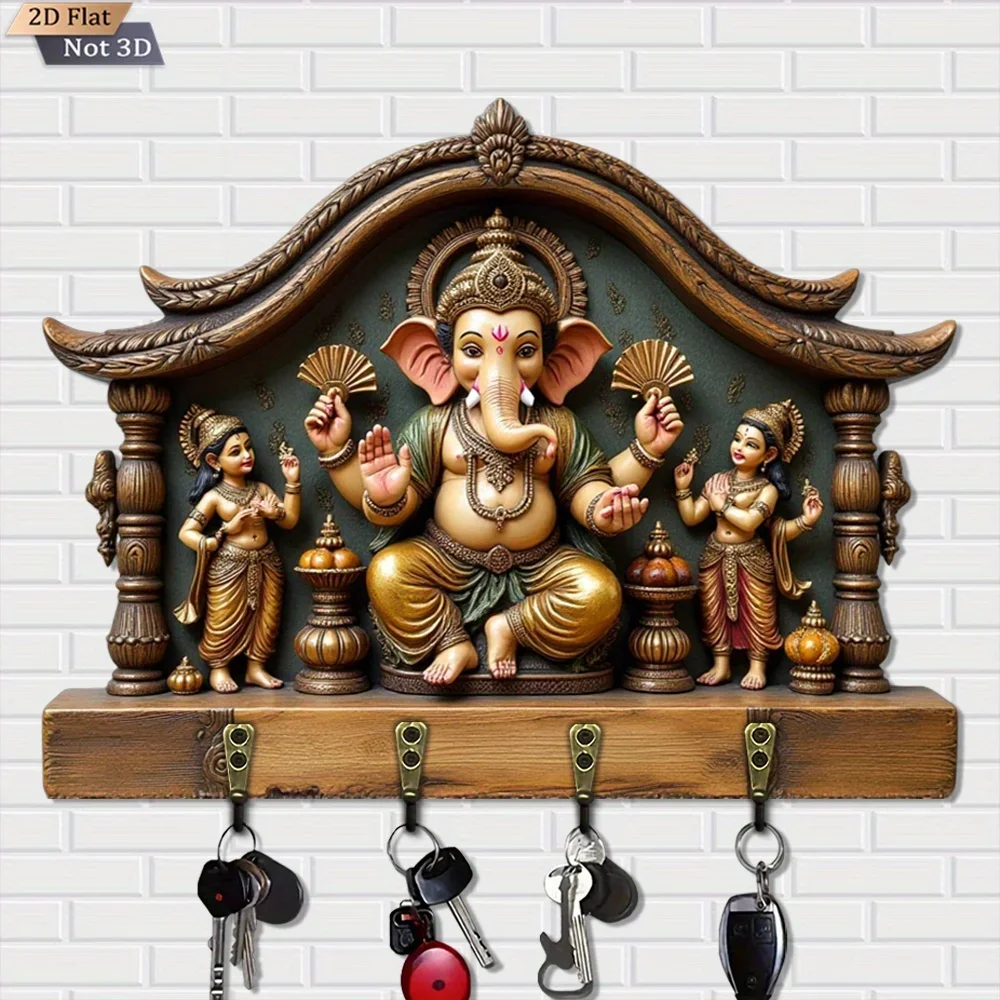 2D Flat, 1pc, Ganesha Decorative Key Hook, Wooden Multi-Functional Home Key Holder with Four Metal Hooks, Wall Decor, Porch