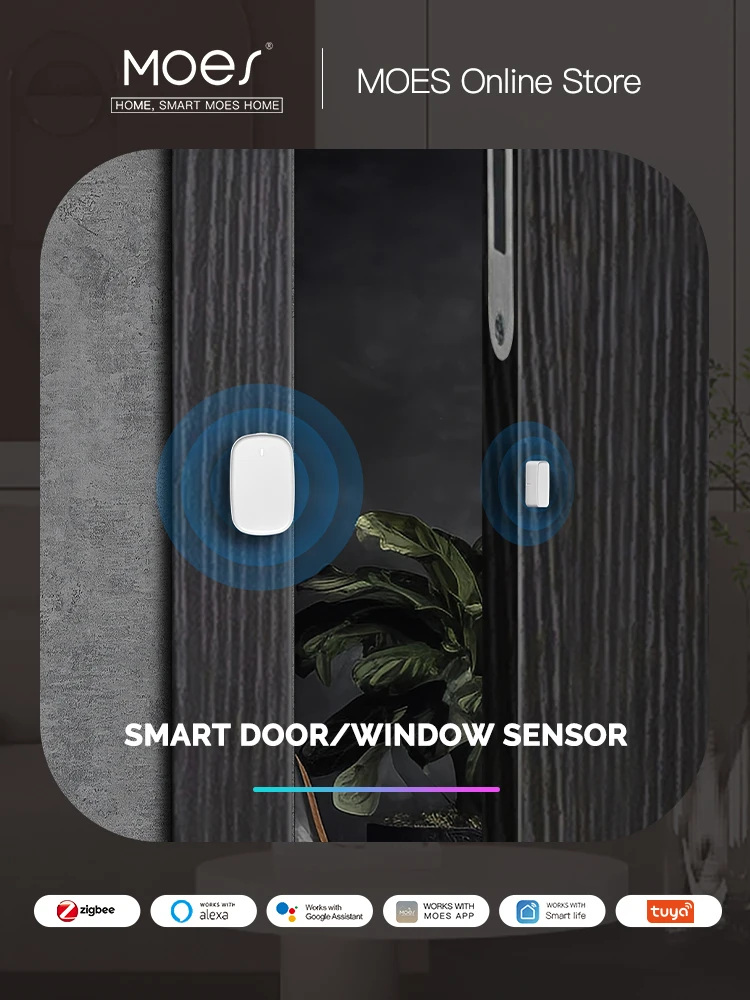 Czujnik otwarcia okna, drzwi i bramy MOES Tuya Zigbee2MQTT, inteligentny system alarmowy do domu, sterowany zdalnie za pomocą aplikacji Smart Life Tuya. — 2