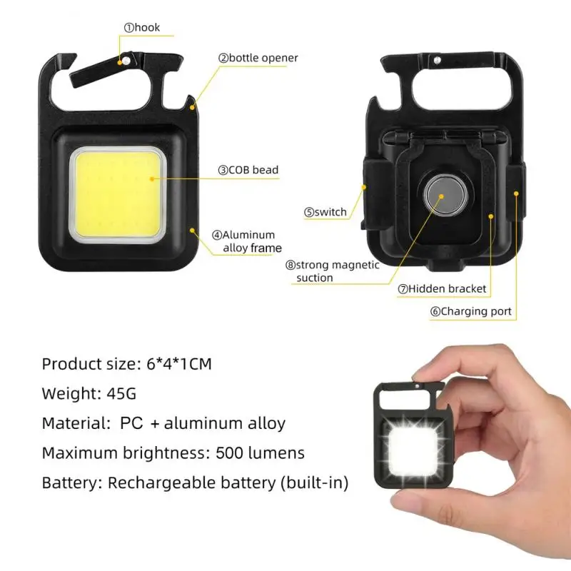 Mini LED Flashlight Keychain Multifunctional Portable COB Work Keychains Light USB Rechargeable Outdoor Work Camping Flishlamp