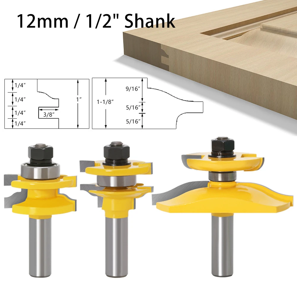 Shaping Router Bit Solid Wood Door Bit Woodworking Tools Durable 3Pcs Cabinet Door Tenon Joint 12mm 1/2