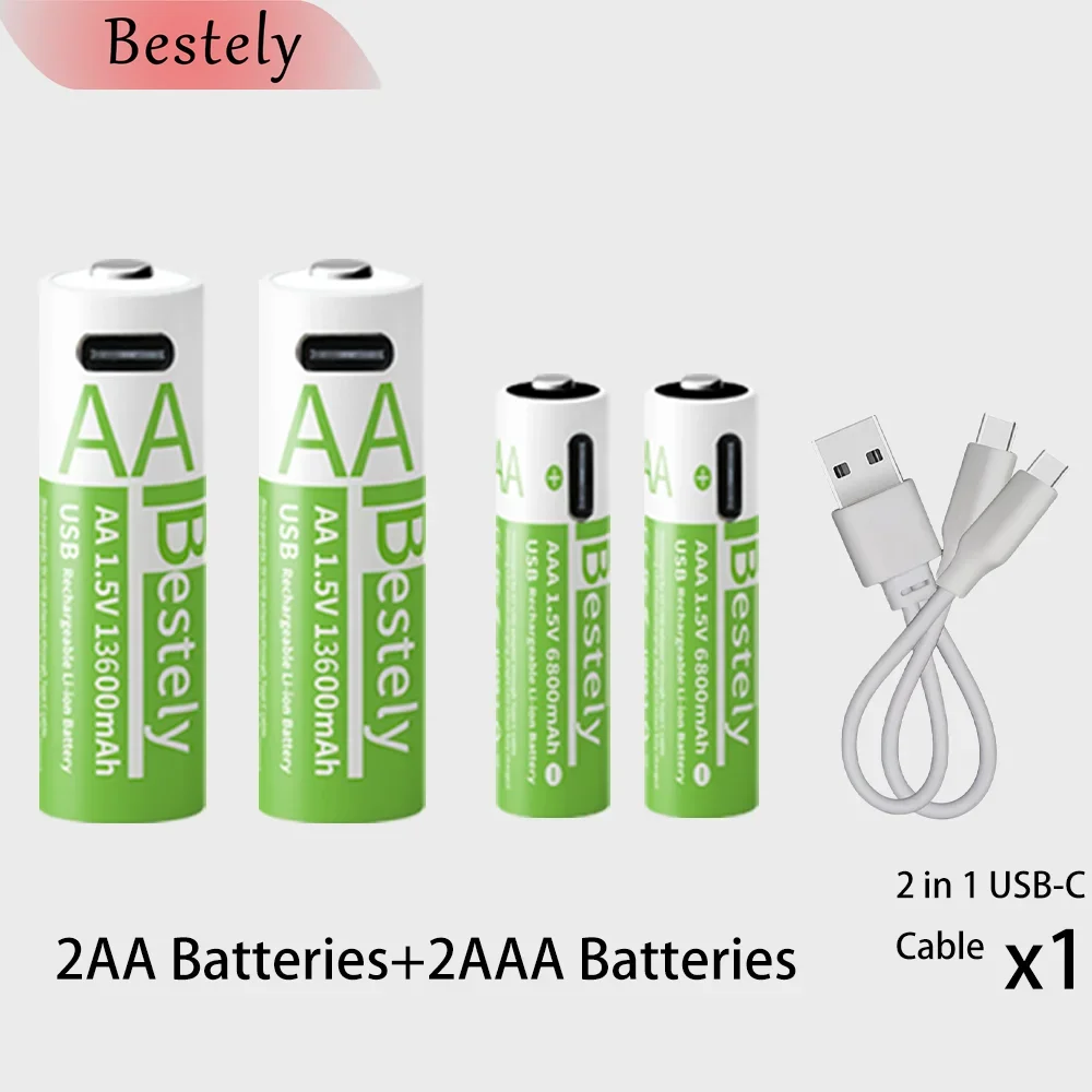 Nieuwe 1,5 V AA 13600 mAh + AAA 6800 mAh oplaadbare lithiumbatterijen Snel opladen Li-ionbatterij 2000 cycli met gratis USB-C-kabels