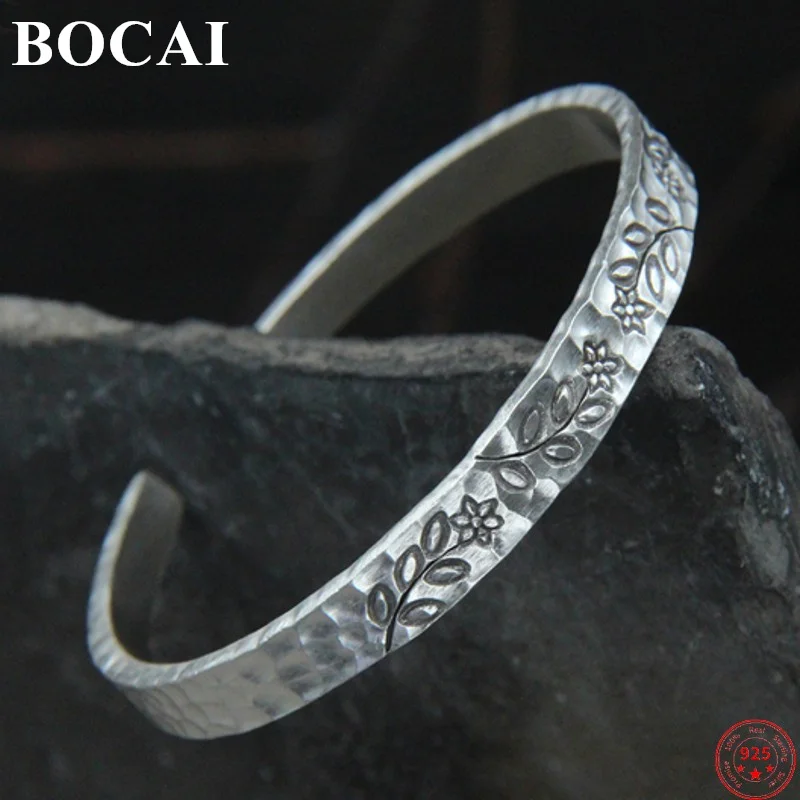 BOCAI S925 Sterling Silver Bracelets for Women New Retro Emboss Small Flower Hand-knocked Surface Bangle Jewelry Free Shipping