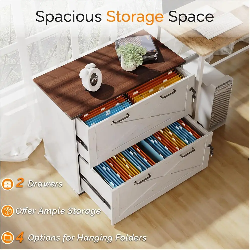 Rustic White & Brown Wooden Lateral File Cabinet with Lock, Home Office Letter/Legal Size Storage Organizer