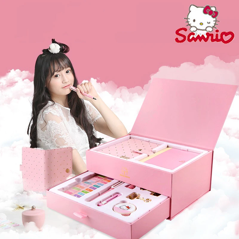 Sanrio Hello Kitty Hand Book Notebook Gift Box Set Fountain Pen Metal Clip Tape Storage Box School Supplies Stationery Girl Gift