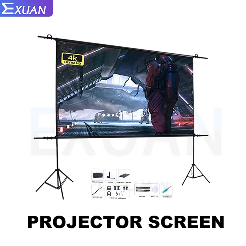 

EXUAN 60 72 84 100 Inch Tripod Projector Screen W/ Stand 16:9 4K HD Portable Home Cinema for Indoor & Outdoor Projection