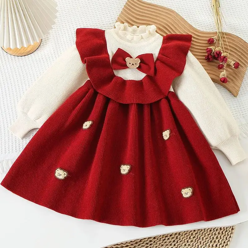 

New Autumn Winter Children Dresses Cute Girls Bear Bow Long Sleeve Sweater Dress Warm Kids Clothes Baby Girl One-Piece Dress